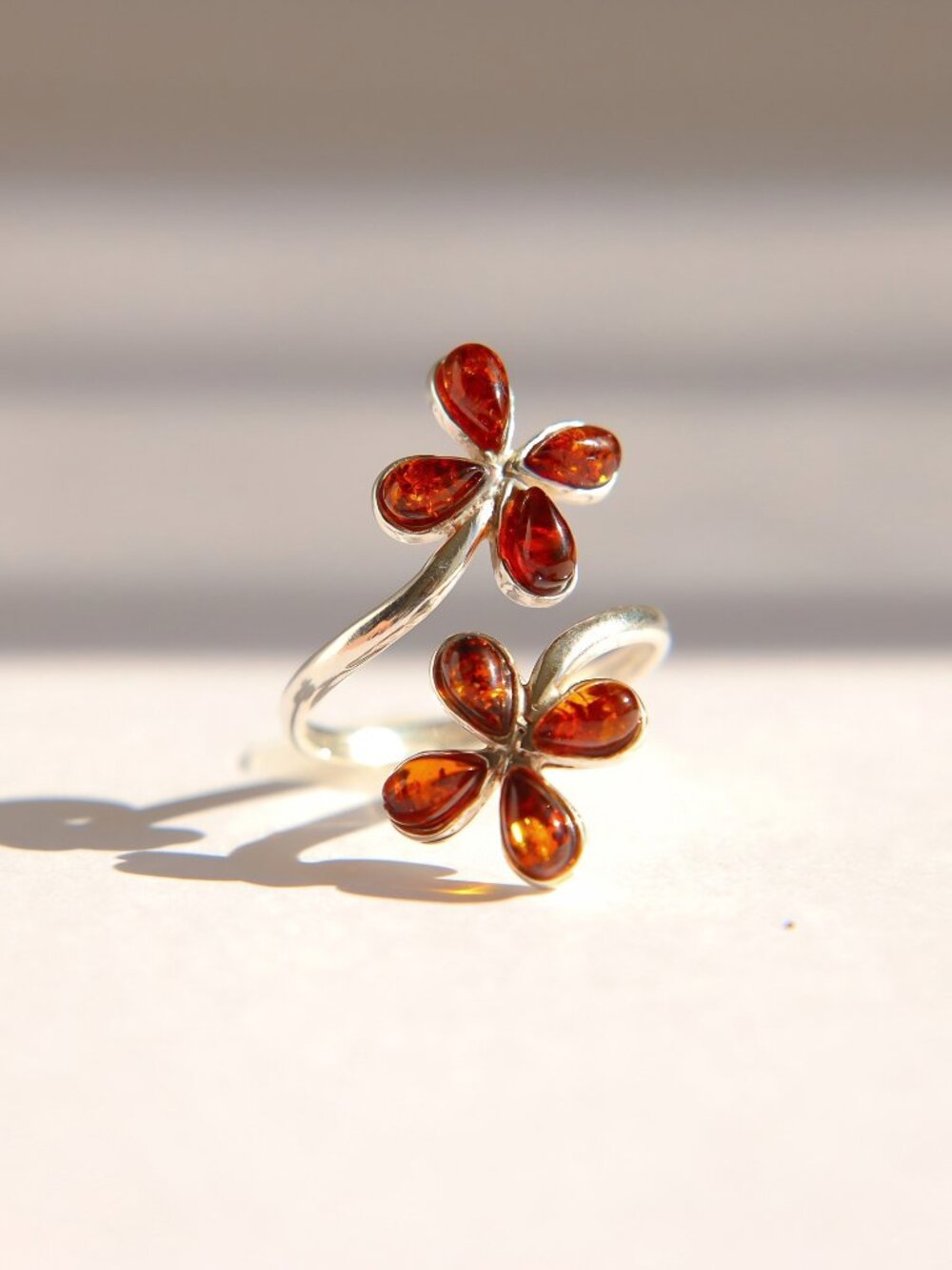 Baltic Amber Flower Ring in Sterling Silver